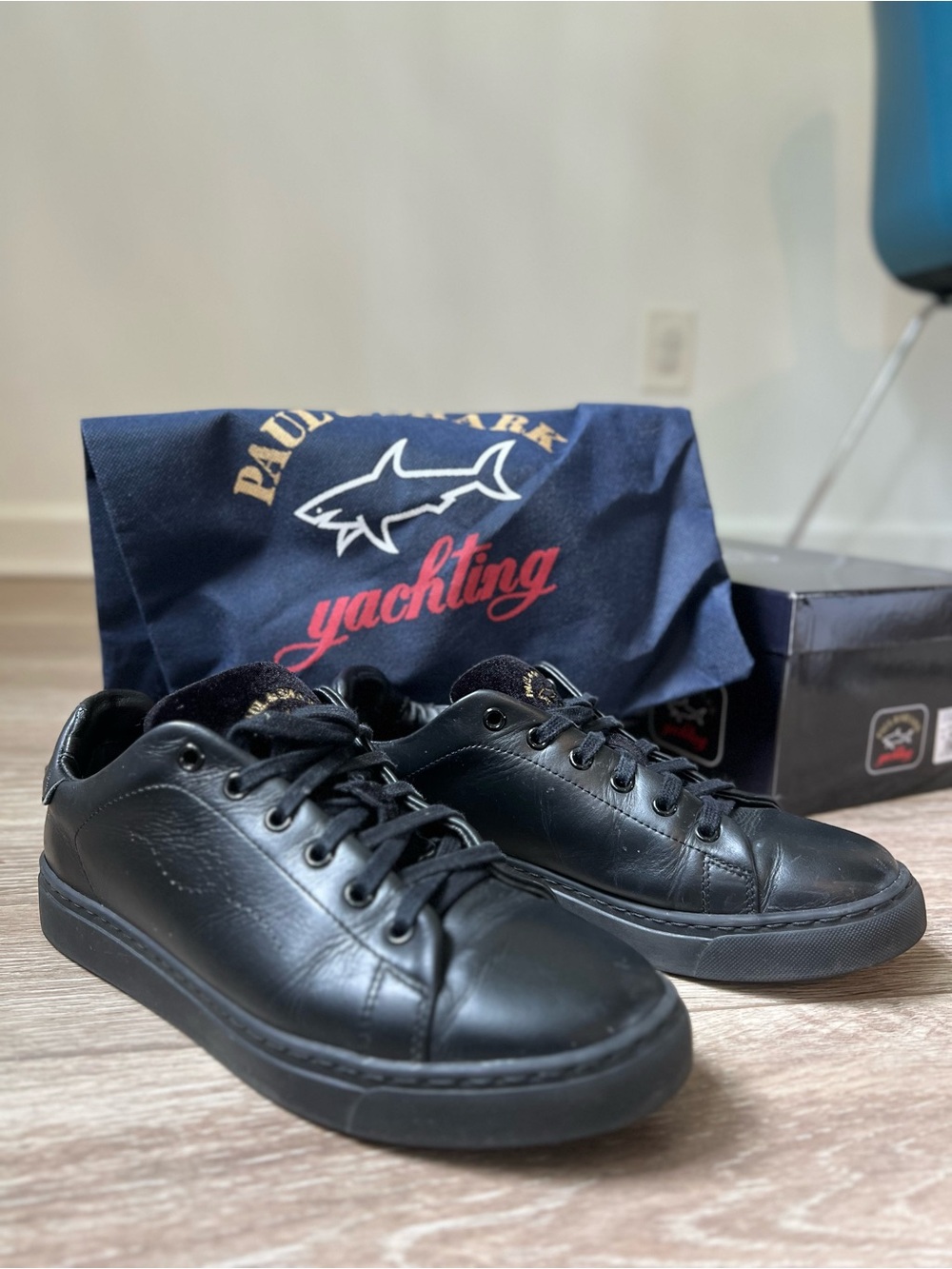 Paul & Shark Black Leather Low-Top Sneakers